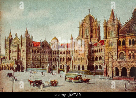 Vintage 1900s vieux colorié à la main photo de VT CST Gare Chhatrapati Shivaji, Mumbai, Maharashtra, Inde, Asie Banque D'Images