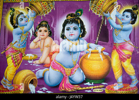 Child Lord Krishna voler manger du beurre de caillé, Uttar Pradesh, Inde, Asie Banque D'Images
