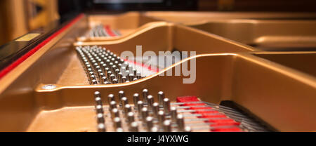 Piano de concert avec les broches de réglage du bloc de l'axe et le stress des bars, selective focus. Banque D'Images