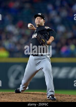 Seattle, Washington, USA. Apr 19, 2017. Junichi Tazawa (MLB) Marlins : Junichi Tazawa des Marlins de Miami emplacements au cours de la Major League Baseball match contre les Mariners de Seattle à Safeco Field de Seattle, Washington, United States . Credit : AFLO/Alamy Live News Banque D'Images