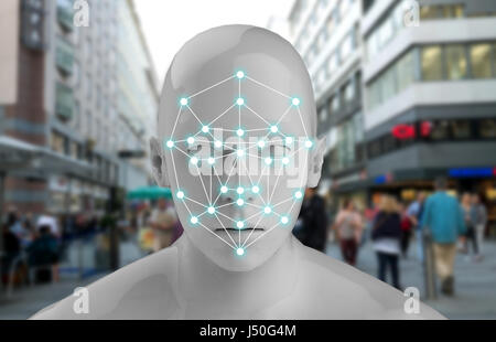 Les systèmes d'apprentissage automatique , précis La technologie biométrique de reconnaissance faciale et de l'intelligence artificielle concept. Le Rendu 3D de l'homme visage et points con Banque D'Images