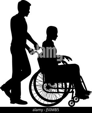 Editable vector silhouette d'un homme poussant une femme dans un fauteuil roulant avec des chiffres et président en tant qu'objets séparés Illustration de Vecteur