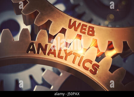 Web Analytics sur roues dentées en métal doré. 3D Illustration. Banque D'Images