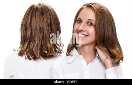 Cheveux avant et après le traitement. Jeune femme heureuse après traitement des cheveux. Banque D'Images