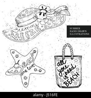 Hipster Hand Drawn Beach Hat, Fishstar et sac. Vector version typographie pour affiches, flyers, cartes de T-Shirts. Illustration de Vecteur