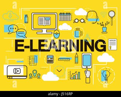 E-learning bannière concept. L'éducation en ligne. Fine ligne d'icônes. Vector Illustration.Pour des bannières web et le matériel promotionnel. Illustration de Vecteur