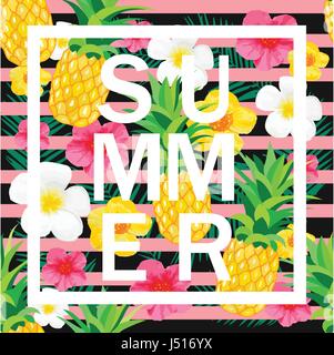 Contexte tropical à l'ananas, de fleurs exotiques. Inscription d'été. Vector Illustration pour la bannière, toile, t-shirt, Poster, Textile Illustration de Vecteur