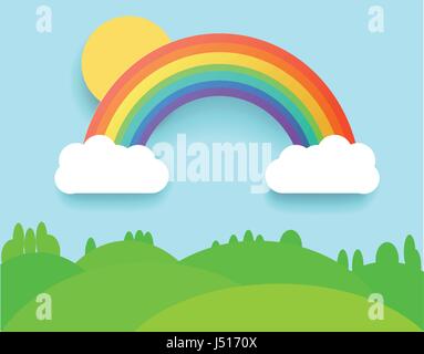 Arc-en-ciel colorés avec des nuages, l'herbe et sur le terrain. Vector Illustration Paysage. Illustration de Vecteur