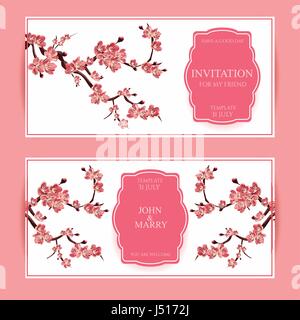 Arbre en fleurs de cerisier Sakura, carte vecteur Illustration. Ensemble de belles Bannières Floral, cartes de Vœux, invitations de mariage, des toiles, des milieux, Illustration de Vecteur