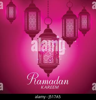 Lanternes vecteur Silhouette dans l'arrière-plan Les lumières brillant dans l'obscurité avec Ramadan Kareem Bonjour. Vector Illustration Illustration de Vecteur