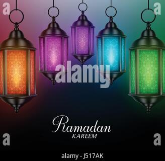 Vecteur de lanternes colorées en arrière-plan de feux lumineux dans l'obscurité avec Ramadan Kareem Bonjour. Vector Illustration Illustration de Vecteur