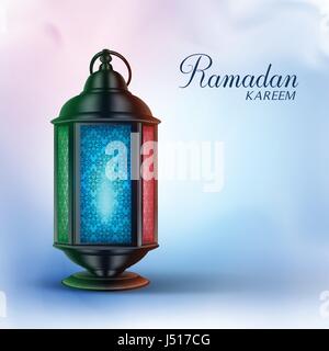 Ramadan Lantern ou Fanous vecteur avec Ramadan Kareem salutations dans un fond coloré. Vector Illustration réaliste 3D Illustration de Vecteur