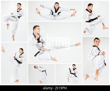 L'homme en blanc de karaté kimono et ceinture noire de karaté de formation sur fond gris. collage Banque D'Images