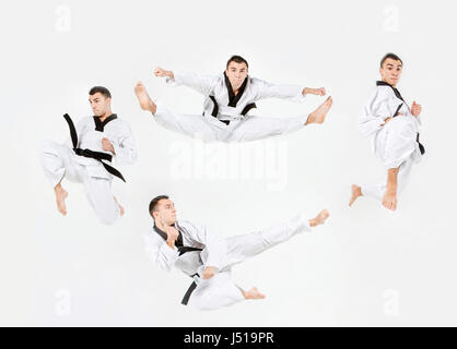 L'homme en blanc de karaté kimono et ceinture noire de karaté de formation sur fond gris. collage Banque D'Images