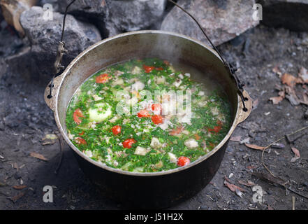 Chaud fraîchement préparé en soupe au chaudron fuligineux camping. La cuisine en plein air. Banque D'Images