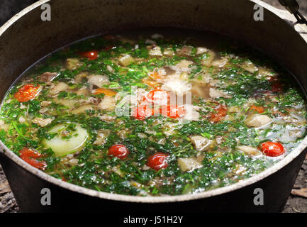 Soupe chaude fraîchement préparé dans le chaudron de suie feu de camp. La cuisine en plein air. Banque D'Images