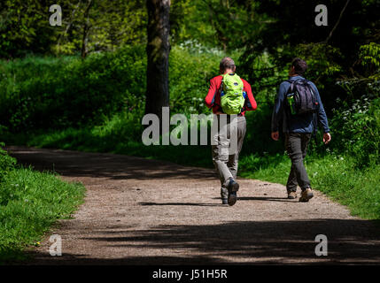 Deux hommes amis marchant dans un paysage ensoleillé lane Banque D'Images