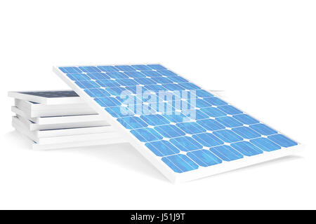 Illustration 3D de la technologie de production d'énergie solaire. Blue panneaux solaires. Source d'électricité alternative Concept. L'énergie écologique, l'énergie propre isolé sur fond blanc. Banque D'Images