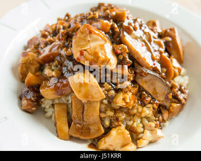 Le Mapo Tofu épicé avec du porc haché et de champignons sur le jasmin riz brun Banque D'Images