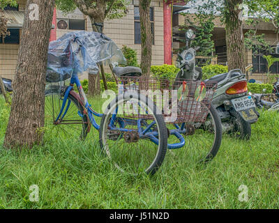 Stanley, Taiwan - le 18 octobre 2016 : un vélo à trois roues avec un rusty assurance panier s'appuya contre un arbre. Banque D'Images