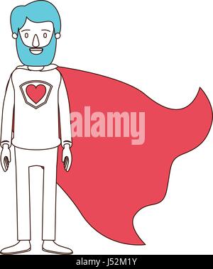 Caricature silhouette avec secteurs de couleur de corps plein de super héros homme barbu avec symbole coeur en uniforme Illustration de Vecteur