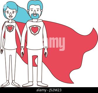 Caricature silhouette avec secteurs de couleur de corps plein couple super hero avec symbole coeur en uniforme Illustration de Vecteur