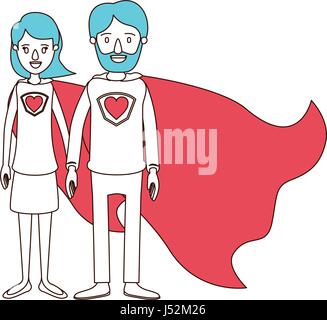 Caricature silhouette avec secteurs de couleur d'un corps entier parents couple super hero avec symbole coeur en uniforme Illustration de Vecteur