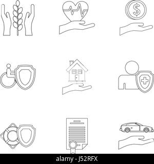 Icônes d'assurance définir style du contour, Illustration de Vecteur