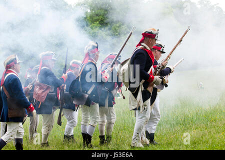 Ligne de tir des soldats américains dans la guerre d'Indépendance américaine reenactment au Mont Vernon - Virginia USA Banque D'Images