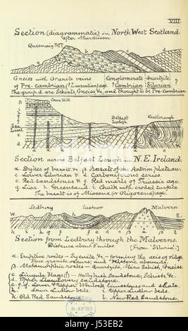 Ce livre pédagogique présente des notes géologiques systématiques et des tableaux, conçus à la fois pour les enseignants et les élèves. Il comprend des illustrations et une carte géologique de la Grande-Bretagne, offrant une ressource complète pour apprendre sur les structures géologiques de la Terre. Banque D'Images