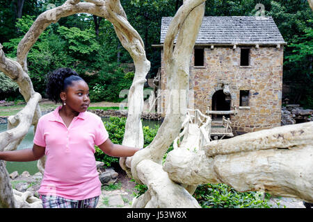 Little Rock Arkansas, T.R. Pugh Memorial Park, The Old Mill, est apparu en partie avec le vent, filles noires, jeunes, femmes enfants enfants avant l'adolescence, rose Banque D'Images