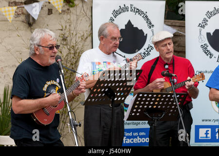 Trois hommes jouant de l'ukulélé ukulélé seigle expérience. Rye, East Sussex, UK Banque D'Images