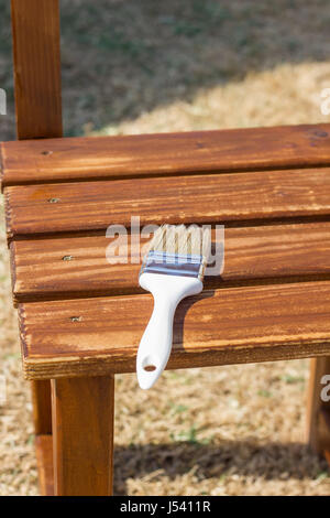 Pose de la brosse sur des planches d'un président à la peinture La peinture de préservation du bois Banque D'Images