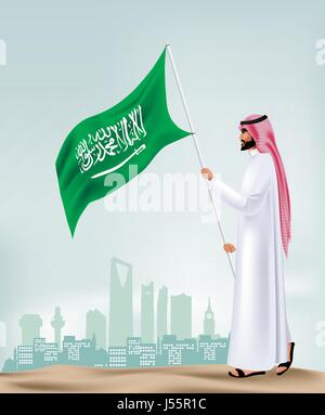 L'Arabie saoudite Homme tenant un drapeau dans la ville. Editable Vector Illustration Illustration de Vecteur