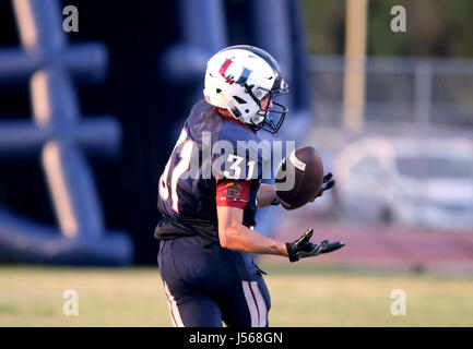 Palm Harbor, Florida, USA. 16 mai, 2017. DOUGLAS R. CLIFFORD | fois.Palm Harbor University High School's Nic Carr (31) reçoit une passe de quarterback Wyatt Beasey (10) au cours du mardi (5/16/17) Printemps match de football avec la nature Coast High School à Palm Harbor. Credit : Douglas R. Clifford/Tampa Bay Times/ZUMA/Alamy Fil Live News Banque D'Images