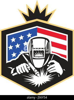 Illustration de soudeur à l'arc, vu de l'avant à l'intérieur protection avec usa american stars and stripes drapeau dans l'arrière-plan fait en style rétro. Illustration de Vecteur