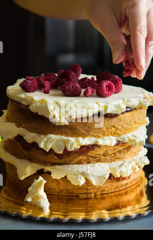 Woman decorating un délicieux gâteau en couches avec du glaçage crème et framboises Banque D'Images