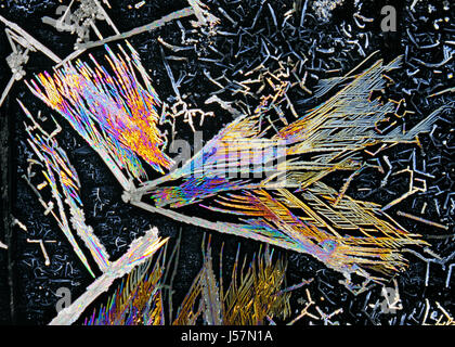 Vue microscopique des cristaux colorés du nitrate de potassium. La lumière polarisée, polariseurs croisés. Banque D'Images