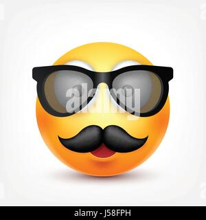 Smiley emoticon,avec des lunettes et moustache.. Avant jaune avec des émotions. L'expression du visage. Emoji 3D réaliste. Funny cartoon character.l'humeur. L'icône Web. Vector illustration. Illustration de Vecteur