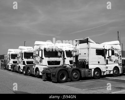 Les camions en stationnement Transport Saints monochrome, plus importante entreprise privée de transport de fret aérien à l'intérieur du Royaume-Uni, entreprise fondée en 1968 Banque D'Images