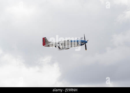 Le Chino, USA - 7 mai 2017 : North American P-51D Mustang - Peu de Sandra de l'afficheur pendant le spectacle aérien de la renommée des avions dans l'aéroport de Chino. Banque D'Images