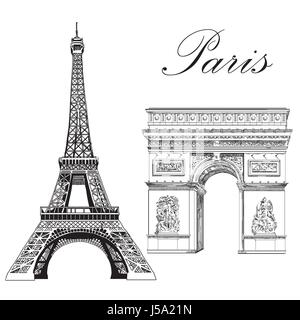 La tour Eiffel et l'Arc de Triomphe (monuments de Paris, France) vector illustration dessin main isolé en couleur noir sur fond blanc Illustration de Vecteur