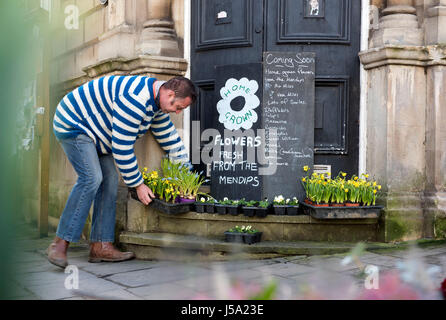 Marchande de fleurs sur le marché à Frome dans le Somerset UK Banque D'Images