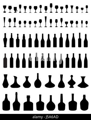 Silhouettes noires de bols, bouteilles et verres, vector Banque D'Images