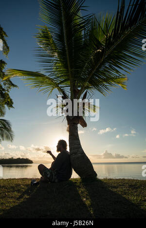 Man smoking, dans palm Banque D'Images