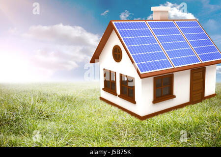 Image de vecteur 3D Maison avec des panneaux solaires contre paysage ensoleillé Banque D'Images