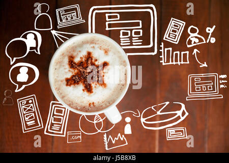 Digital image générée de diverses icônes contre vue supérieure de l'étoile avec la tasse de café latte art Banque D'Images