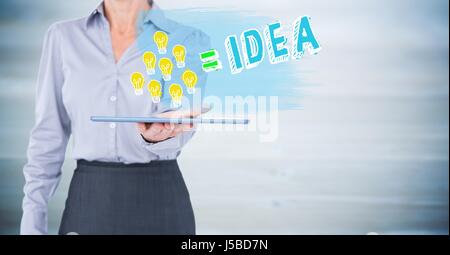 Digital composite of business woman mid section avec lightbulb doodles sur tablet contre panneau bleu flou Banque D'Images