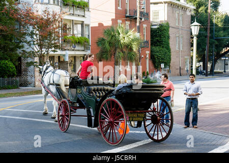 Géorgie Savannah, quartier historique de Savannah, Lafayette Square, chevaux charriot tiré, Asiatiques asiatiques immigrants ethniques minorités, homme hommes mal Banque D'Images