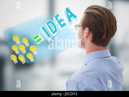 Digital composite de l'homme d'affaires à la recherche d'ampoules à doodle contre bureau gris floue Banque D'Images